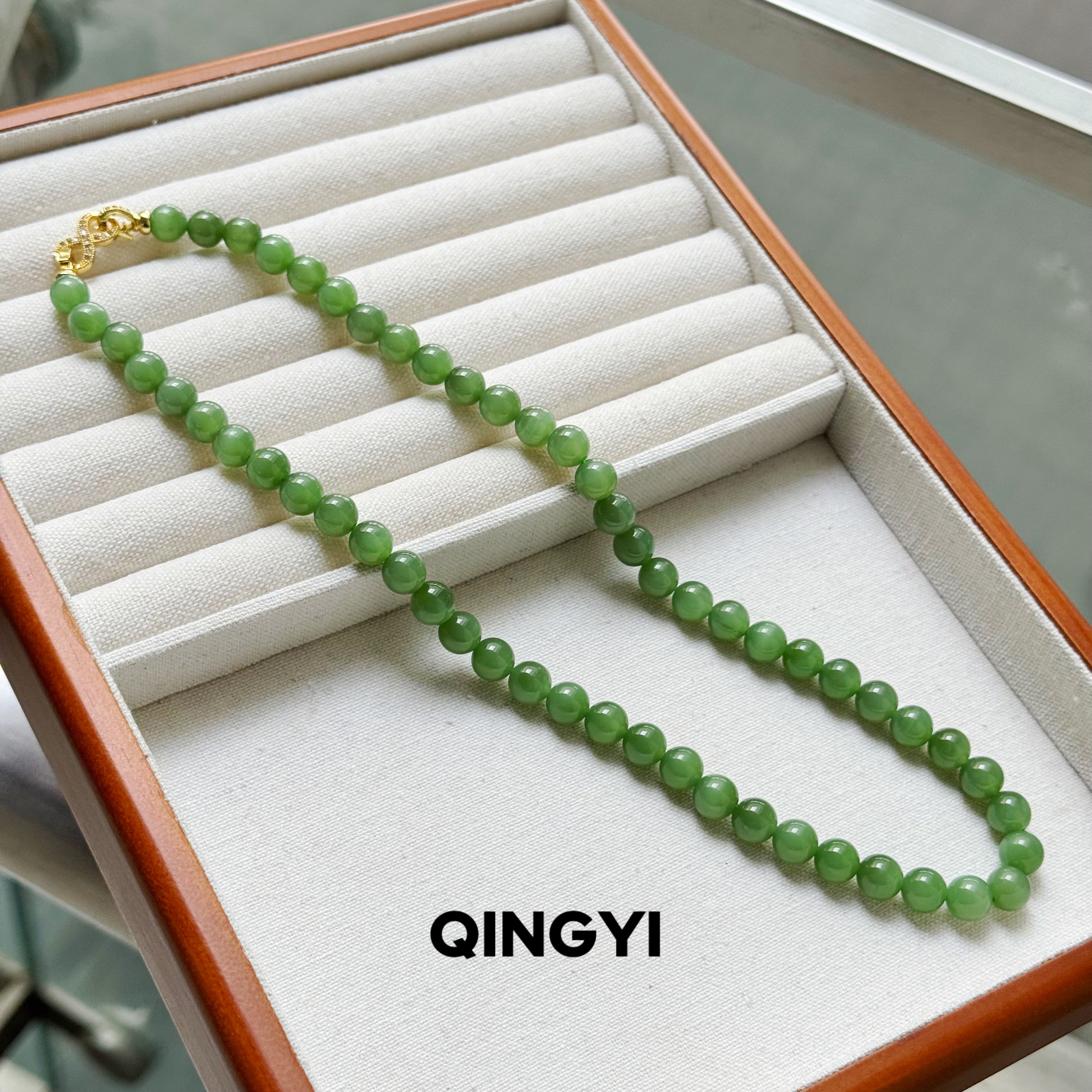 天然俄料和田玉碧玉猫眼项链7.8mm女款苹果绿玉石珠链送朋友礼物