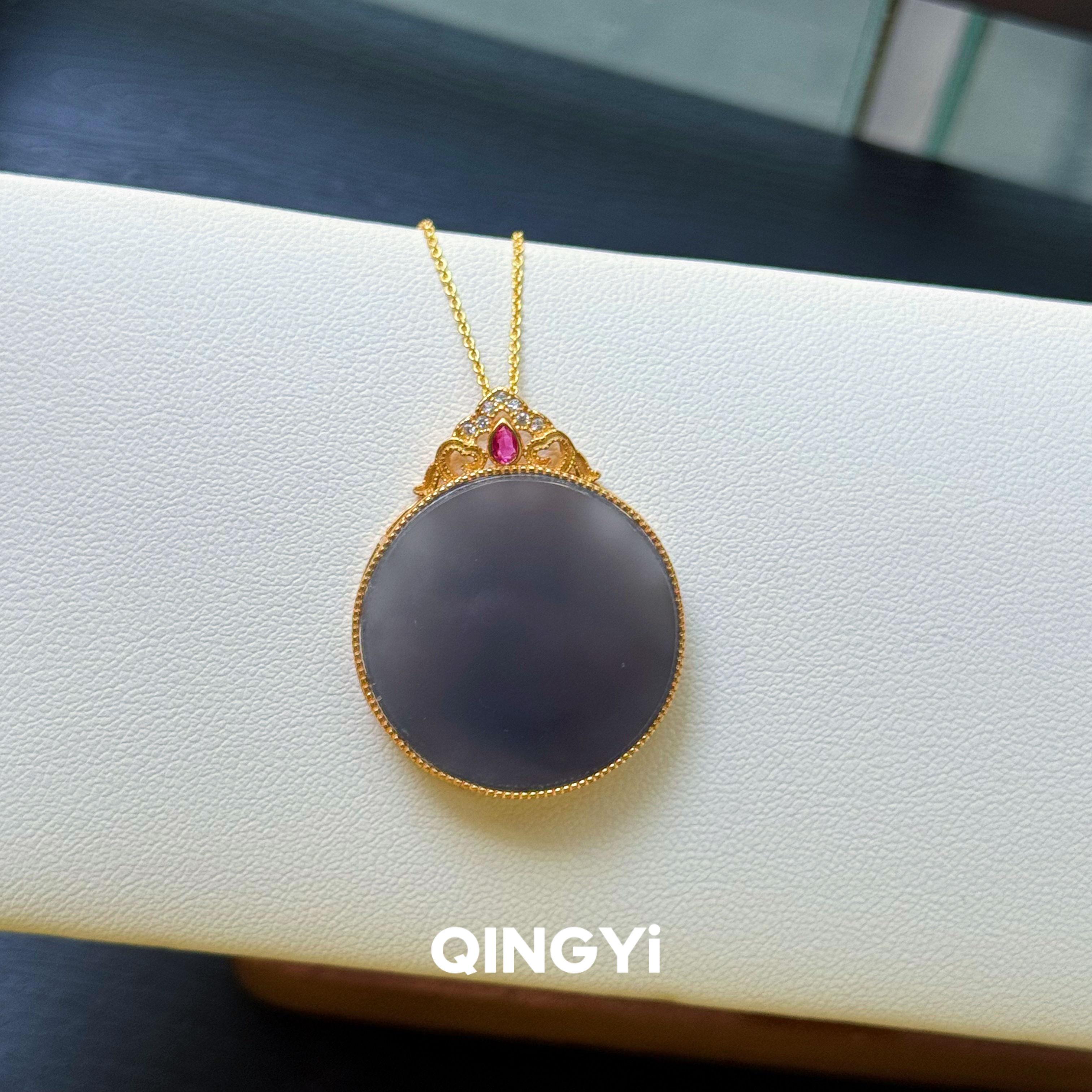 天然青海料和田玉烟紫平安无事牌吊坠s925银女款圆牌玉石挂件玉坠