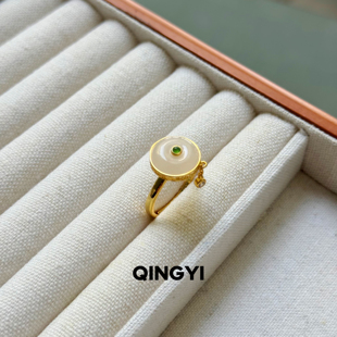 天然青海和田玉藕粉平安扣戒指s925银女款圆盘玉石指环送朋友礼物