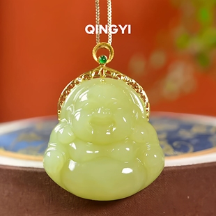 18k金镶天然正品和田玉黄口佛公吊坠 弥勒佛玉石挂件项链饰品女款