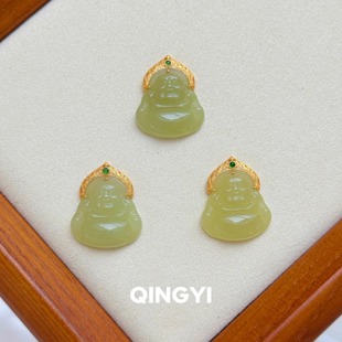 天然正品新疆和田玉黄口佛公吊坠 18K金弥勒佛玉石挂件女款送女友