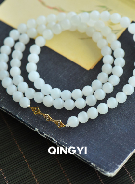 天然新疆和田玉羊脂白玉项链18k金加长版毛衣链女款玉石佛珠礼物
