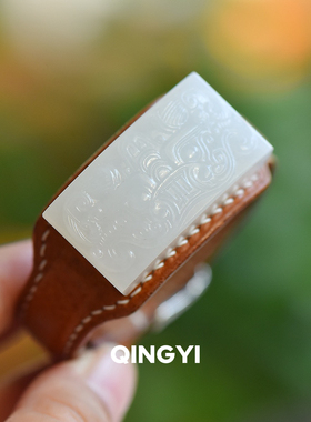 天然新疆和田玉羊脂白玉手牌男女款玉石手镯小牛皮手串送朋友礼物