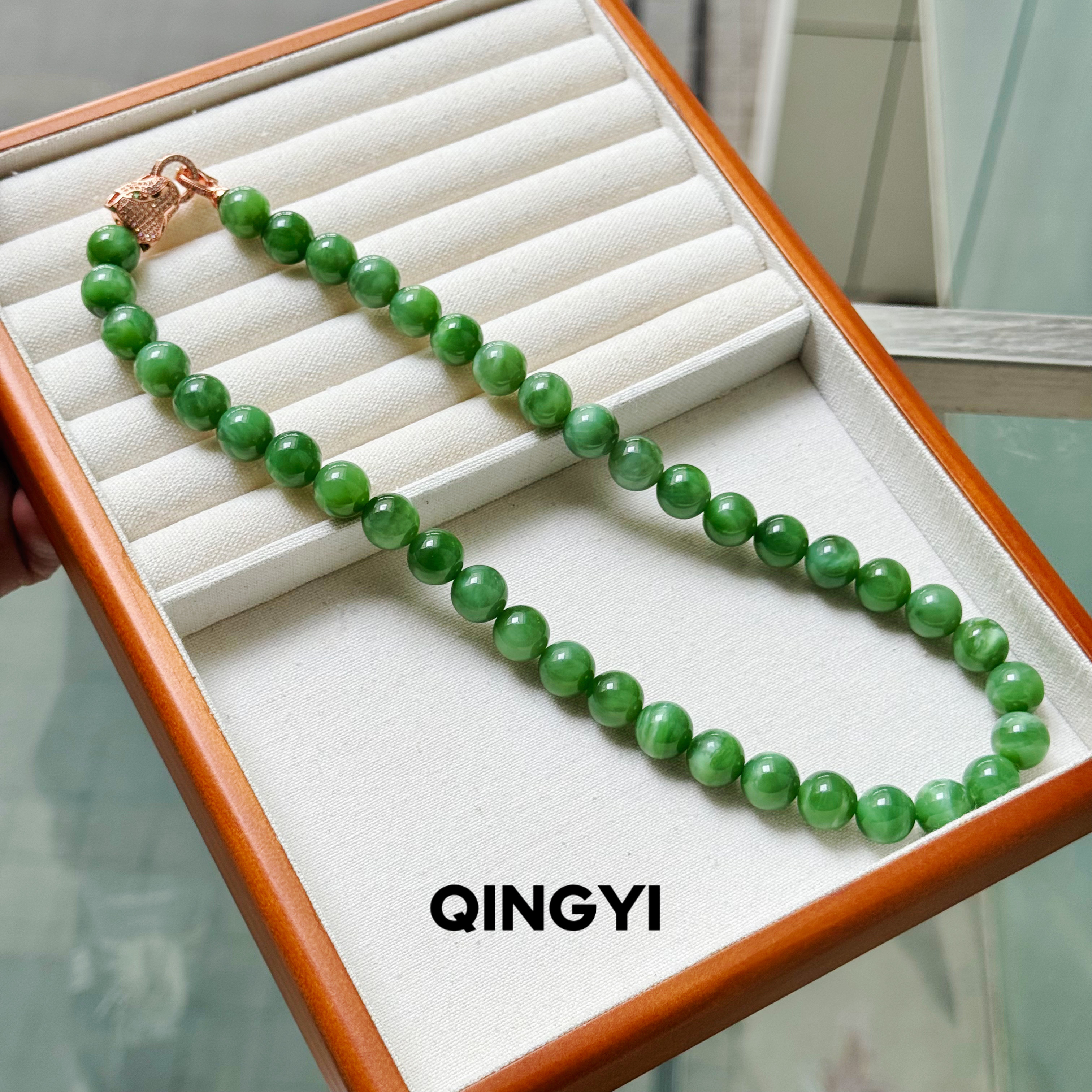 天然俄料和田玉碧玉猫眼项链11.6mm女款苹果绿玉石珠链送朋友礼物