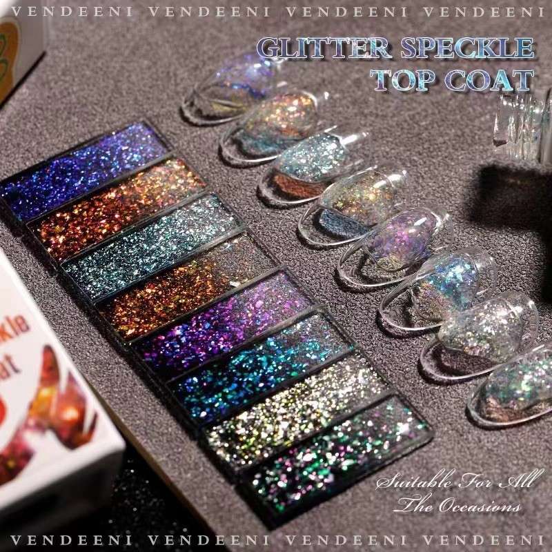 Vendeeni新款云锦封层8色幻彩偏光欧泊粉亮片闪粉封层甲油胶