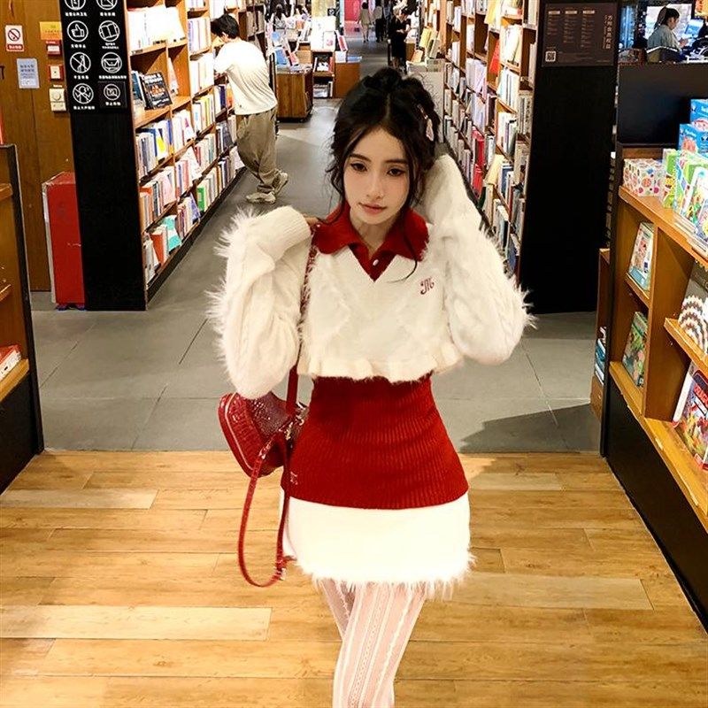 学院风套装灰色长袖套头毛衣叠穿针织衫女秋季短款半身裙子三件套