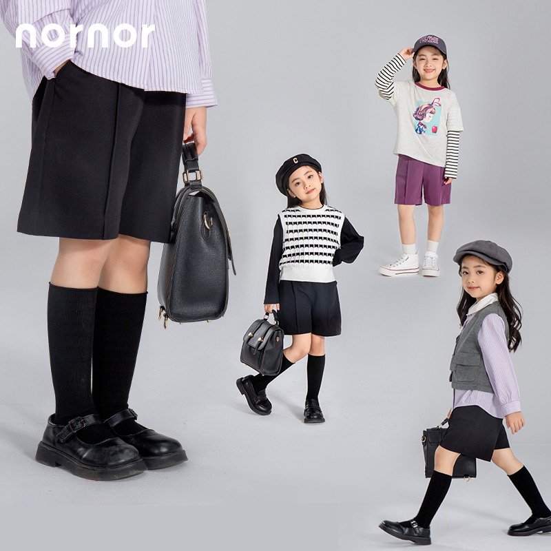 NORNOR女童西装短裤夏季薄款黑色女宝休闲五分裤儿童夏款宽松中裤