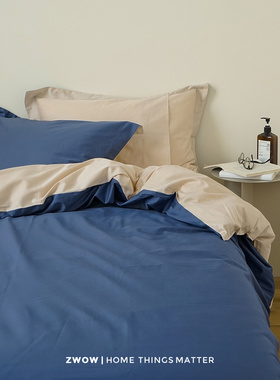 造卧zwow春夏100支长绒棉高密度蓝色AB面撞色纯棉全棉床品四件套