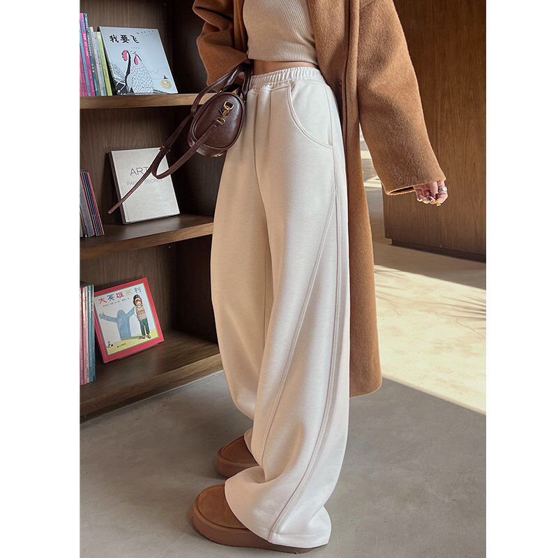 白色阔腿裤女新款秋冬季高腰垂感加绒羊毛呢香蕉卫裤直筒弯刀裤子