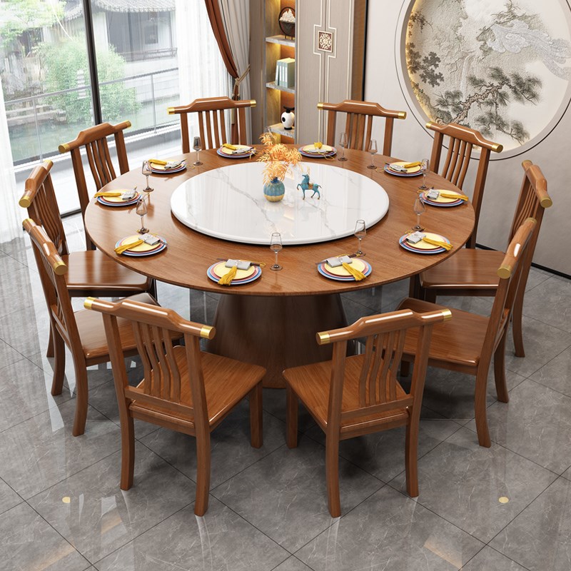 新中式实木餐桌家用酒店饭店包厢橡胶木实木圆桌8人10人12人饭桌