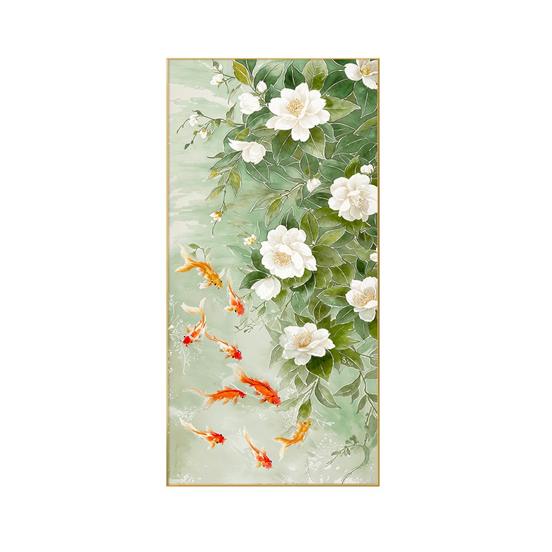九鱼图入户玄关装饰画大芬村手绘油画走廊过道挂画奶油风客厅壁画