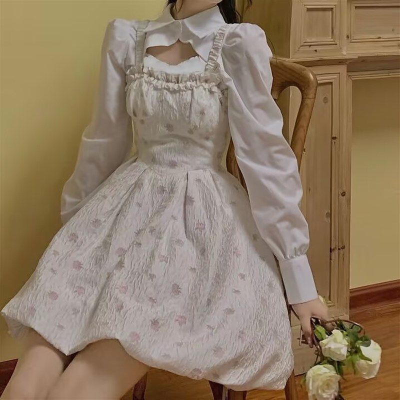 春季连衣裙两件套甜美碎花吊带长袖白色衬衫蓬蓬少女小个子春装女,女装/女士精品,时尚套装,淘宝优惠券,粉丝福利购,淘宝优惠卷