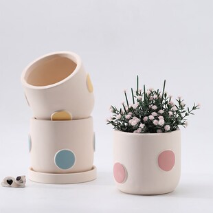 北欧手绘上色陶瓷素胚花盆有孔带底座自吸水陶土罐绿植多肉蝴蝶兰