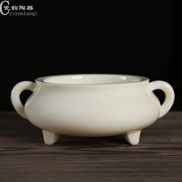 陶瓷雕塑香炉工艺品 三足耳炉 熏香炉居家熏香炉摆件米黄色仿古炉