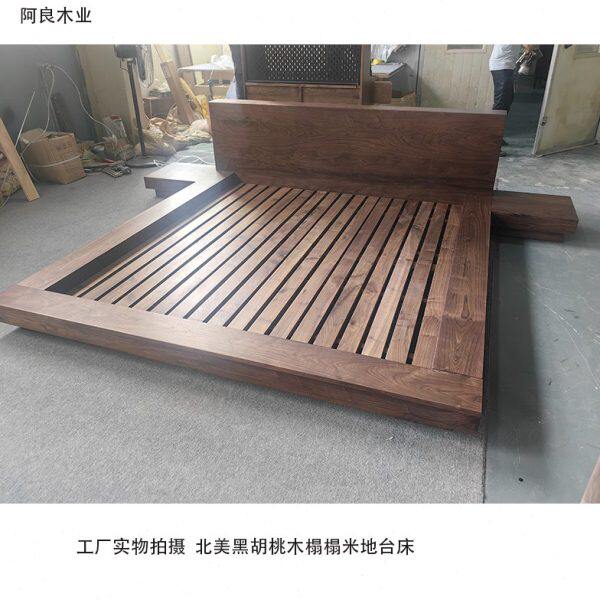 北欧全黑胡桃木实木简约轻奢现代日式榻榻米地台矮床双人主卧大床
