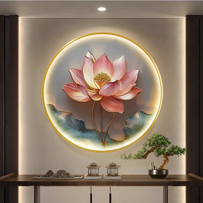 中国风荷花餐厅挂画新中式圆形玄关带灯装饰画客厅艺术LED灯壁画图片