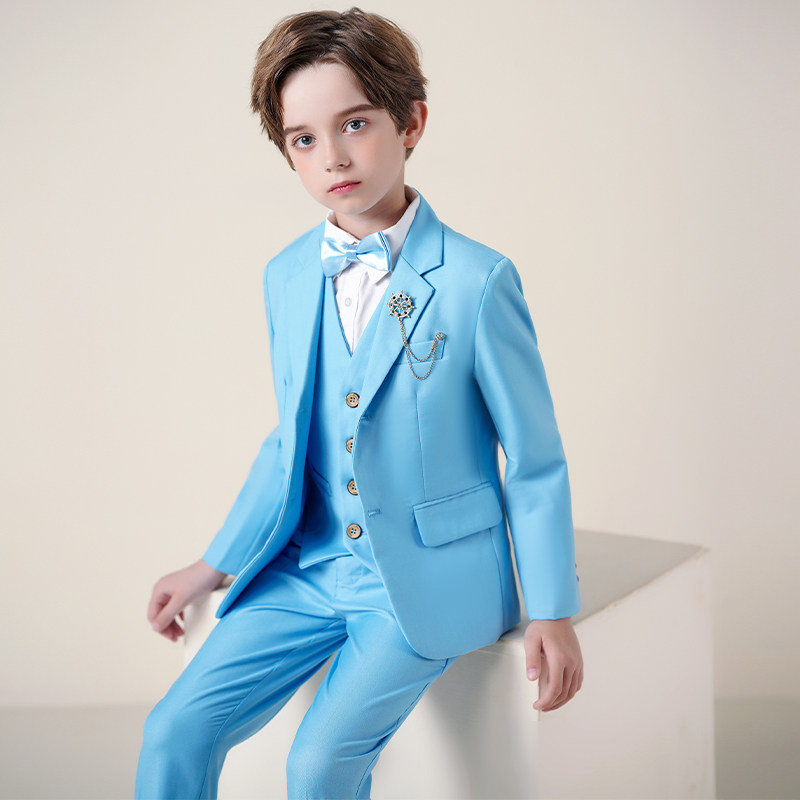 蓝色儿童西装套装男童三件套中大童主持人礼服男生钢琴演出服西服