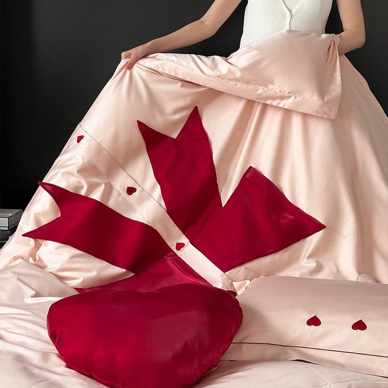 高级感蝴蝶结100s长绒棉四件套粉色全棉被套乔迁送礼纯棉陪嫁床品