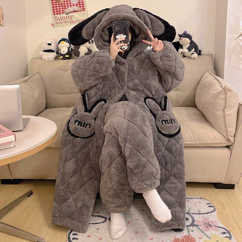珊瑚绒睡衣女春秋冬季三层加厚夹棉睡袍可爱法兰绒大码家居服套装