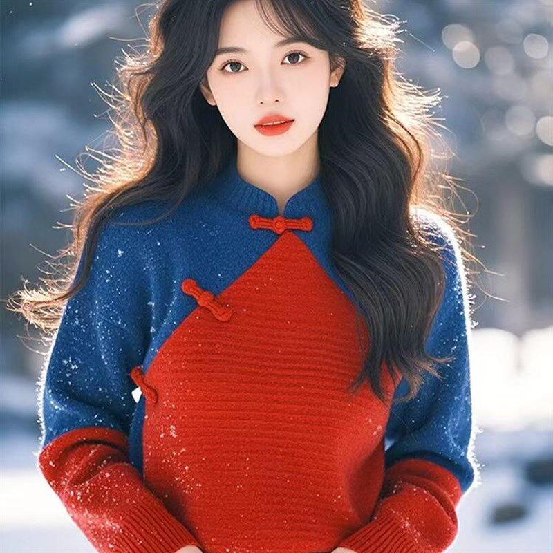 新中式女装中国风红蓝撞色盘扣毛衣秋冬新款复古时尚旗袍领针织衫