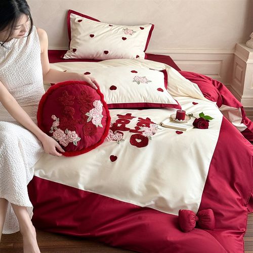 玫瑰花毛巾绣婚庆四件套全棉小清新爱心喜字红色结婚被套床单床笠
