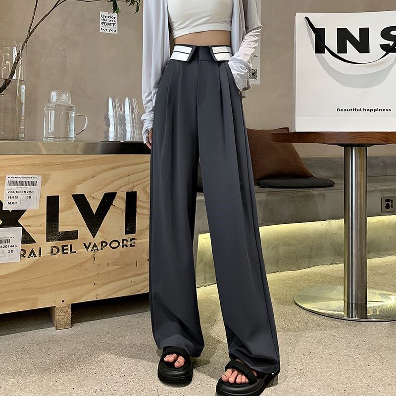 灰色窄版阔腿裤子女夏季薄款小个子高腰垂感高级感直筒拖地西装裤