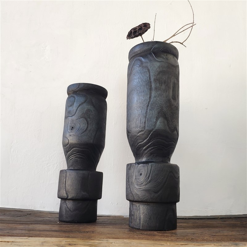 侘寂风实木插花瓶圆柱花器摆件民宿家居软装饰品日式禅意落地摆设