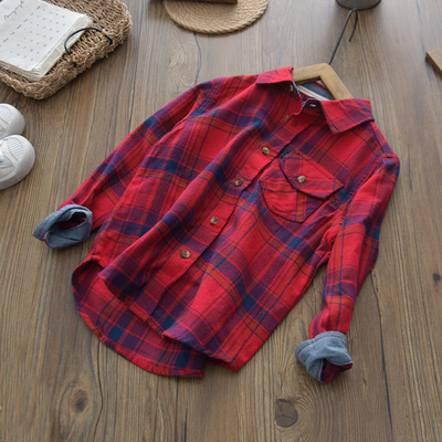 中小童男童红色格子长袖衬衫儿童宝宝翻领休闲纯棉衬衣春秋