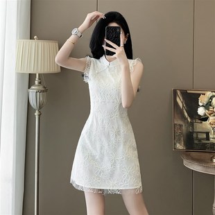 新中式国风盘扣蕾丝连衣裙女夏季小个子收腰显瘦气质绝美改良旗袍