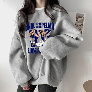 美式卫衣女小个子2024新款春秋加绒加厚宽松大码胖mm圆领无帽冬季