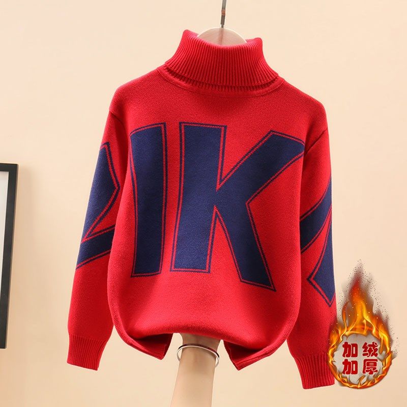 男童毛衣高领加绒加厚红色秋冬款男孩中大童纯棉针织衫儿童打底衫