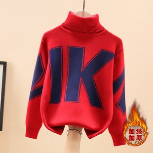 男童毛衣高领加绒加厚红色秋冬款男孩中大童纯棉针织衫儿童打底衫