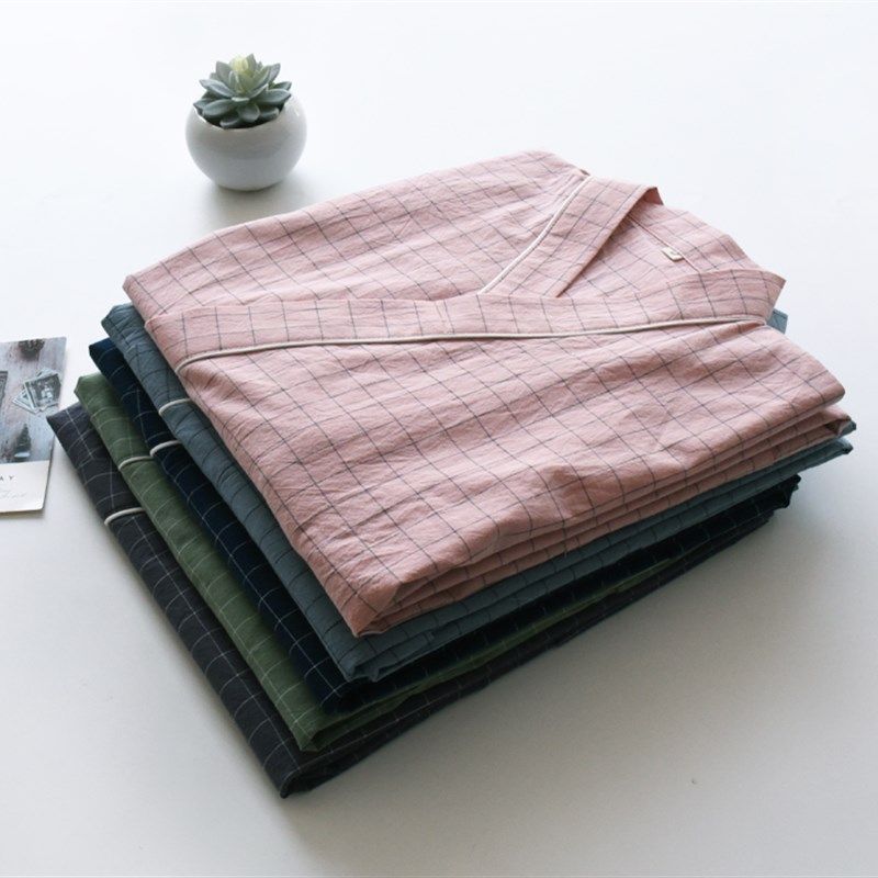 格子日式和服睡袍男女春夏季纯棉棉布薄款宽松汗蒸情侣浴袍家居服