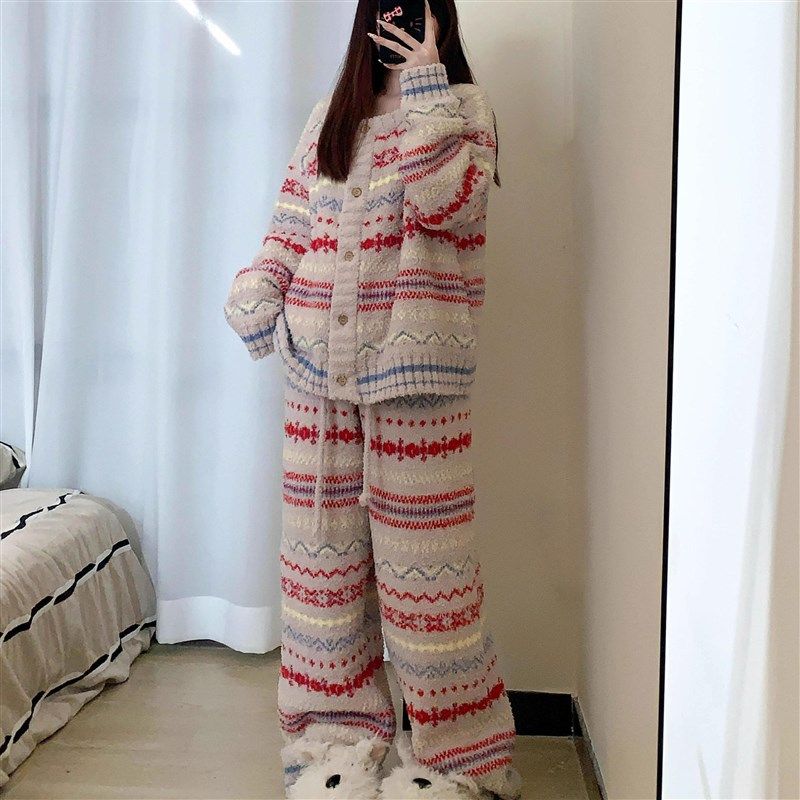 冬日大码保暖睡衣女2024冬季新款针织半边绒彩色条纹家居服两件套,女士内衣/男士内衣/家居服,睡衣/家居服套装,淘宝优惠券,粉丝福利购,淘宝优惠卷