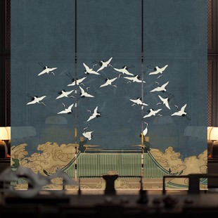 屏风纱布透景帘办公室电动卷窗帘瑞鹤图软隔断轻奢新中式挂帘定制