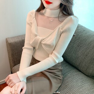 2024年新款秋冬半高领长袖网纱针织衫女气质扭结毛衣打底衫上衣潮