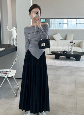 momo大姐姐夏季新款灰色百褶裙小个子半身裙女高腰显瘦裙子中长裙