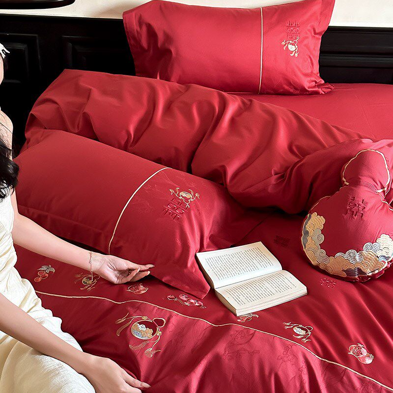 新婚长绒棉纯棉结婚四件套喜庆刺绣提花全棉婚庆喜嫁被套床品红色