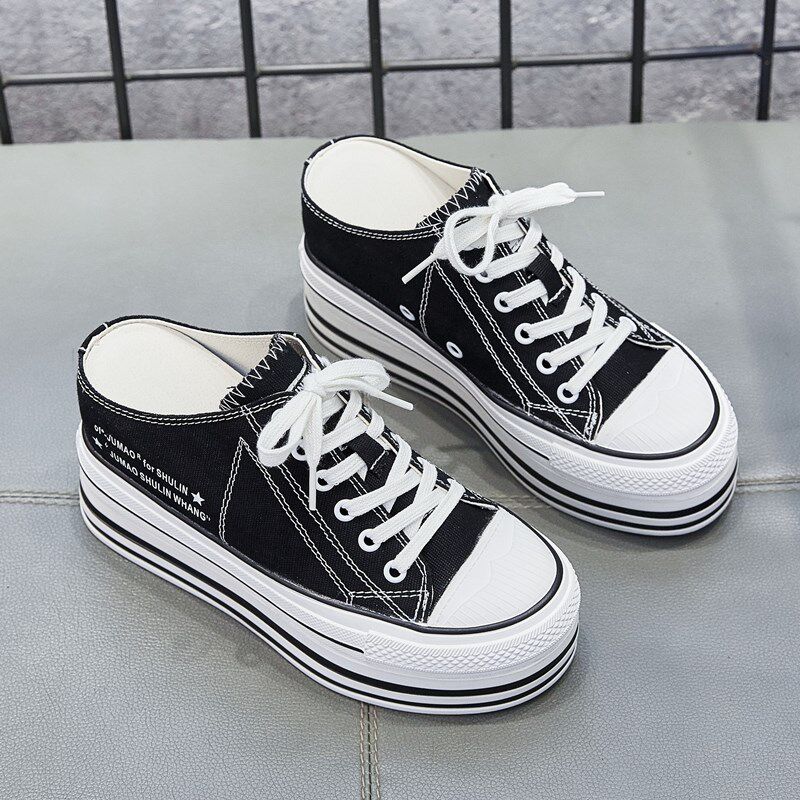 包头帆布半拖鞋女2024新款厚底外穿增高10CM无后跟一脚蹬懒人松糕