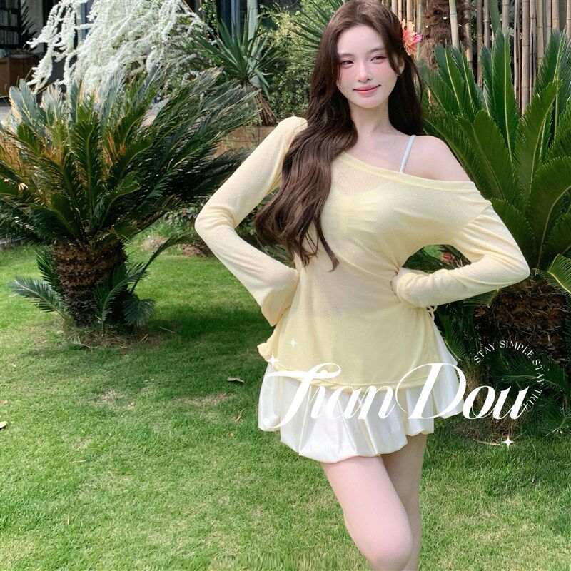 【香草舒芙蕾】纯欲少女r感缎面小鸡黄度假保守泳衣比基尼四件套