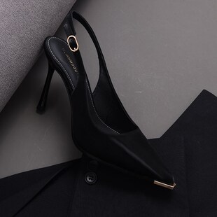 女2025夏季 女鞋 新款 包头一字带黑色成人礼单鞋 尖头百搭法式 高跟鞋