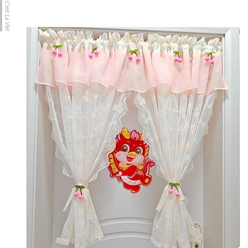 小短帘半帘绣花蕾丝纱帘女孩卧室书房橱柜隔断装饰小短门帘免打孔