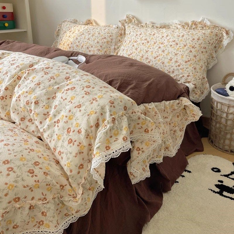 田园小碎花蕾丝花边柔软全棉四件套纯棉床单床裙全包围宿舍三件套