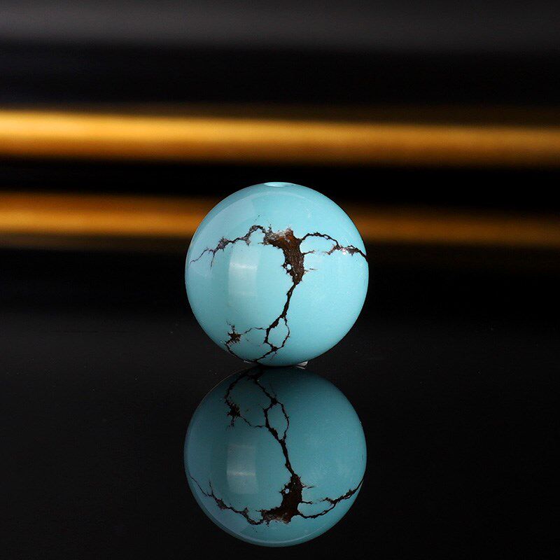 远廷~天然原矿湖北绿松石圆珠09 十堰高瓷蓝铁线纹单珠12.5mm散珠