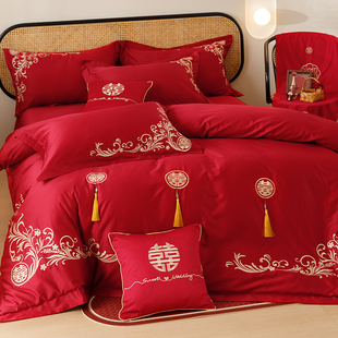 婚庆四件组100S长绒棉全棉纯棉被套O结婚喜字刺绣床上用 简约中式