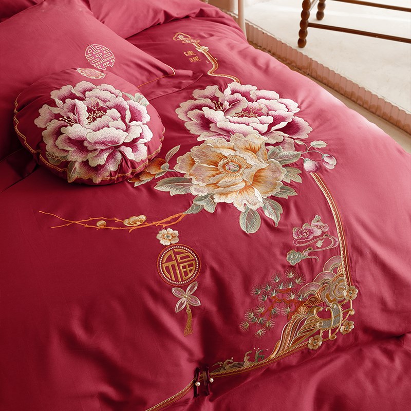 牡丹女方婚庆100S长绒棉四件套纯棉全棉结婚双人床单新婚床盖床品