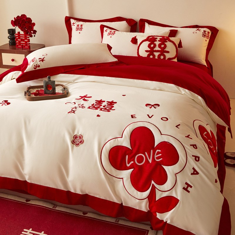 高档中式纯棉婚庆四件套大红色刺绣被套床单喜被新婚结婚床上用品