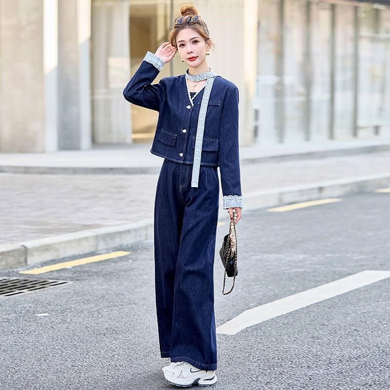春装女款2025年新款牛仔套装阔腿裤两件套时尚洋气时髦气质显瘦潮