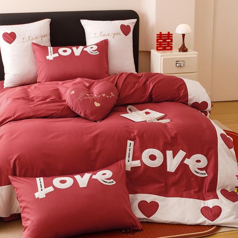 喜庆风酒红色全棉长绒棉四件套少女心结婚被套纯棉床单陪嫁2m床品