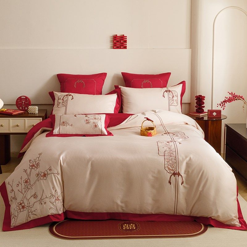 中式婚庆四件套120S长绒棉纯棉被套结婚喜庆陪嫁全棉床单床上用品